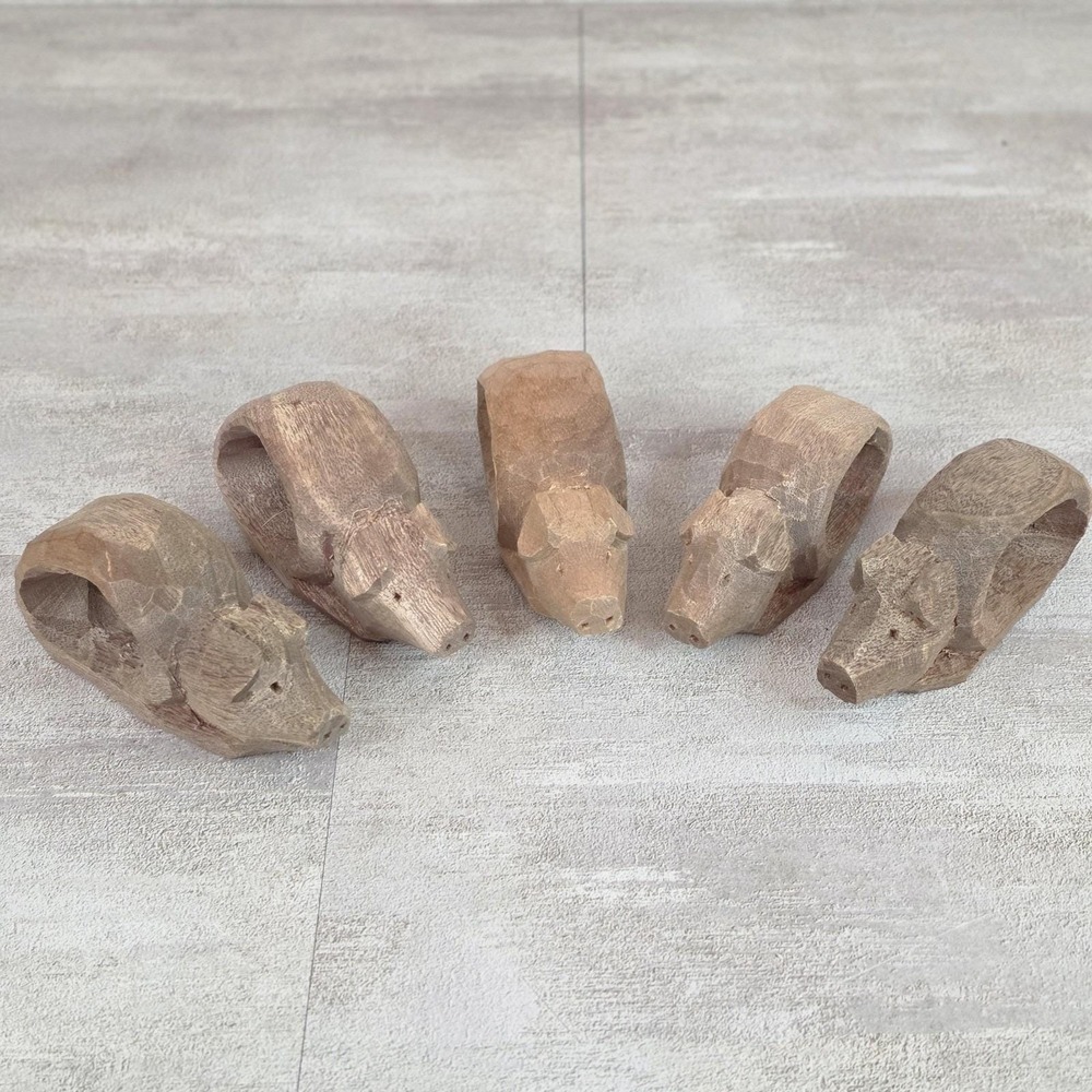 VTG Set Of 5 Hand carved wooden pig napkin rings rustic Unfinished Looks